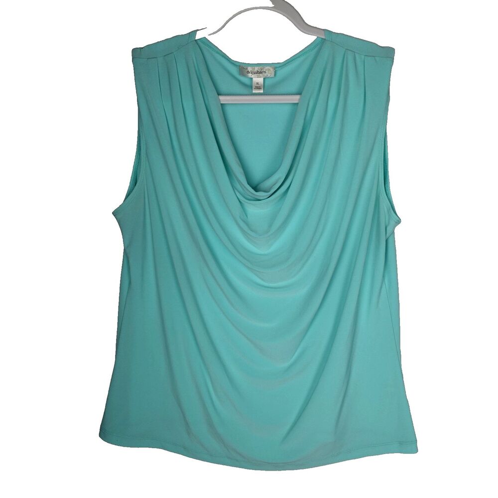 Dressbarn XL Cowl Neck Blouse Aqua Blue Sleeveless Tank Pullover Stretch Career